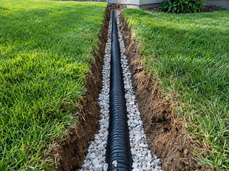 French drain trench with gravel and pipe at an Asheville, NC home