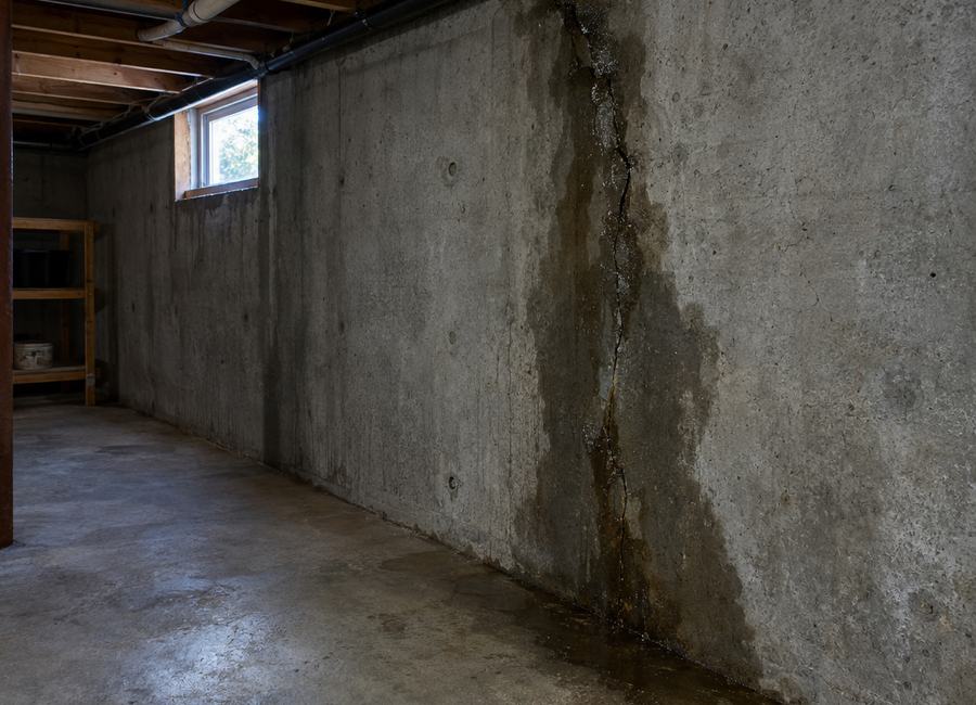 Water seeping through a cracked concrete basement wall at an Asheville, NC home