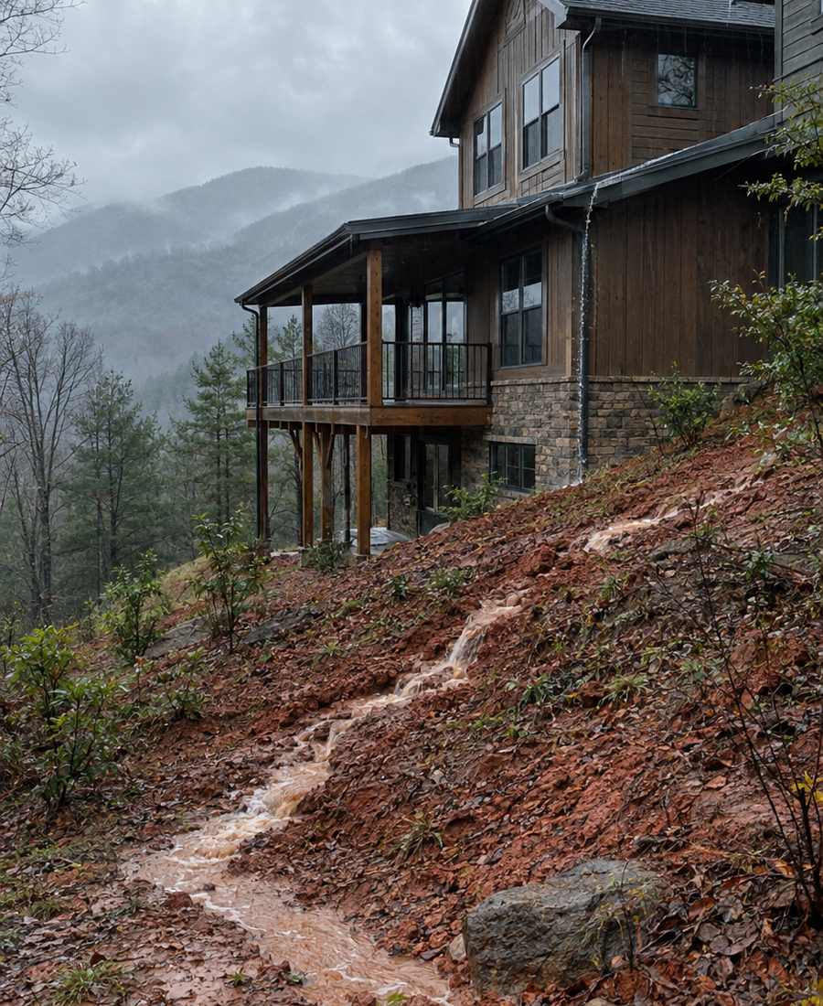 Rainwater running downhill toward a mountain home foundation on red clay in Asheville, NC